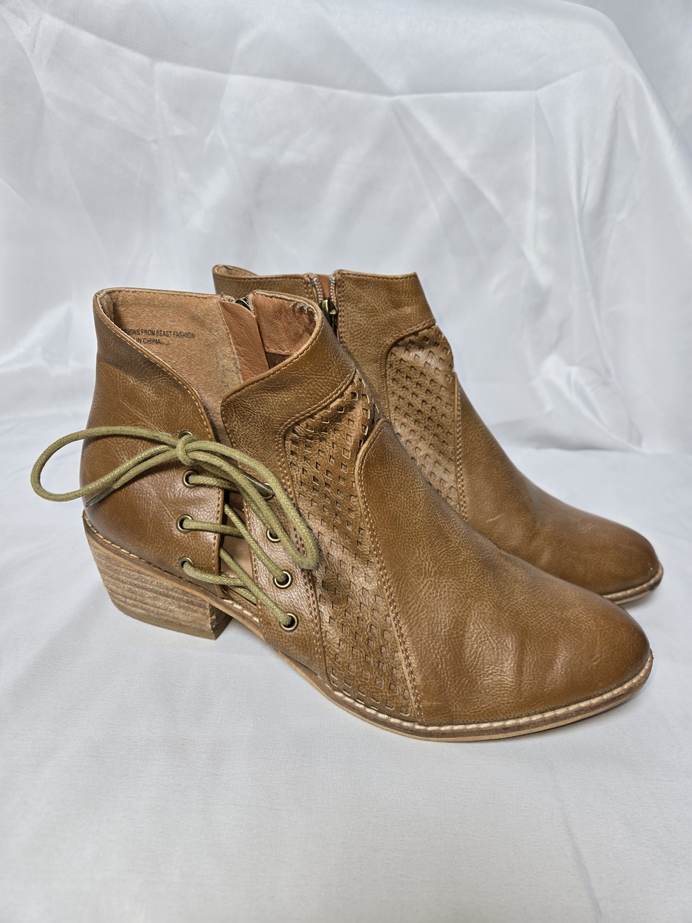 BEAST FASHION Brown Leather Ankle Booties with Side Lace Detail